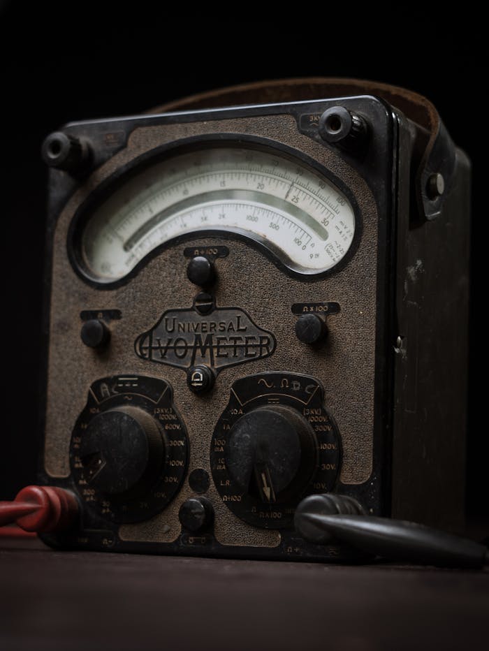 Close-up of a vintage universal voltmeter showcasing intricate dials and retro design.